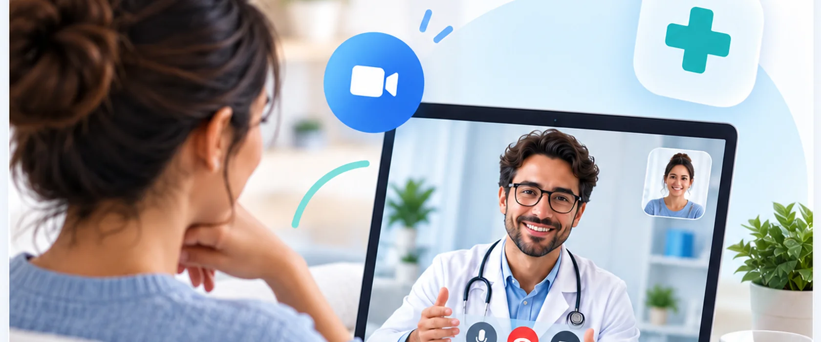 Mulher em consulta médica por vídeo no computador, em casa