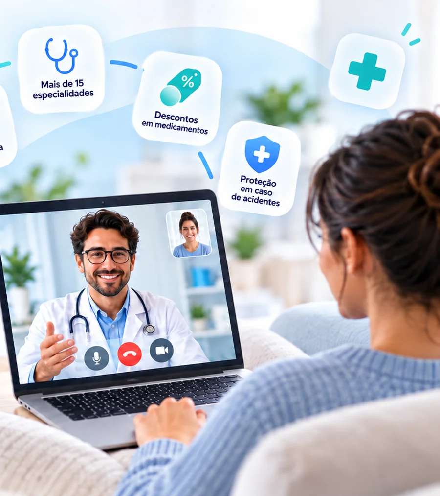 Mulher em consulta médica por vídeo no notebook, com os benefícios do plano em destaque